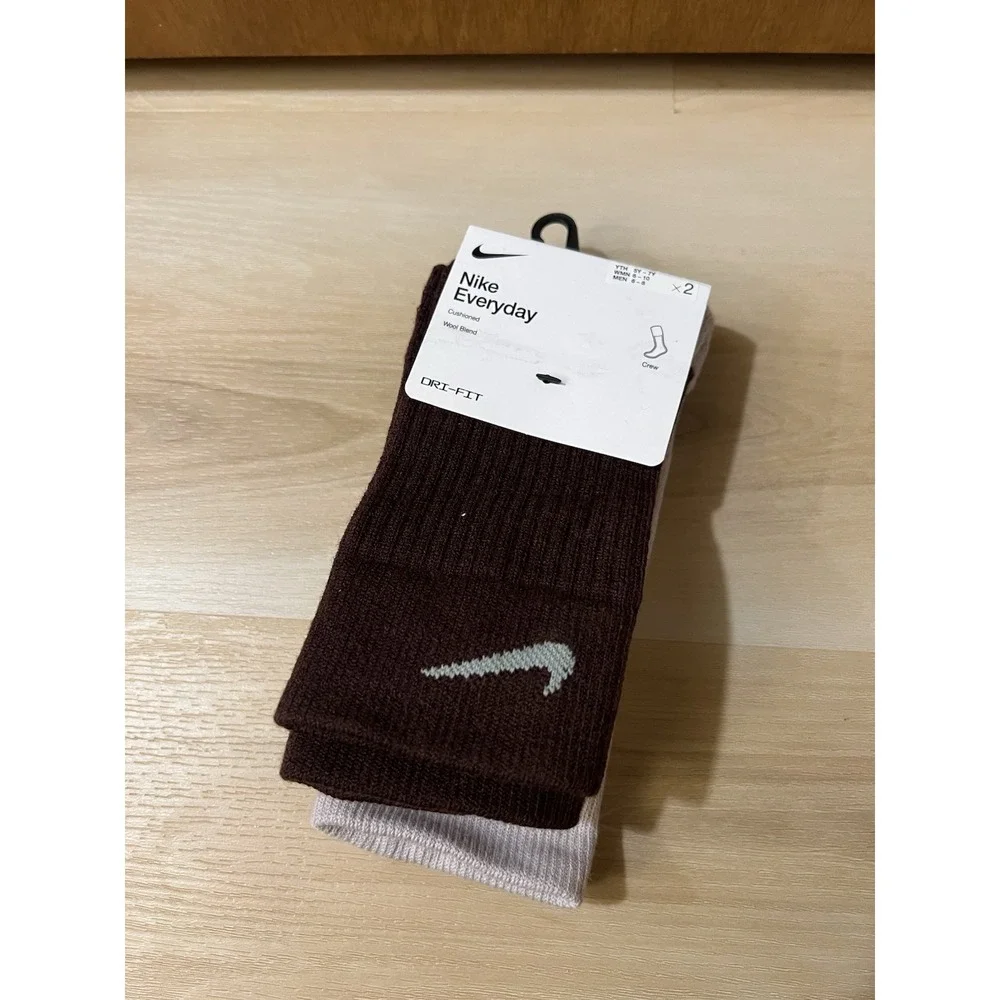 Nike Everyday Wool‎ Cushioned 2 Pack Crew Socks Brown Mens Size M 6-8 DQ6394-907